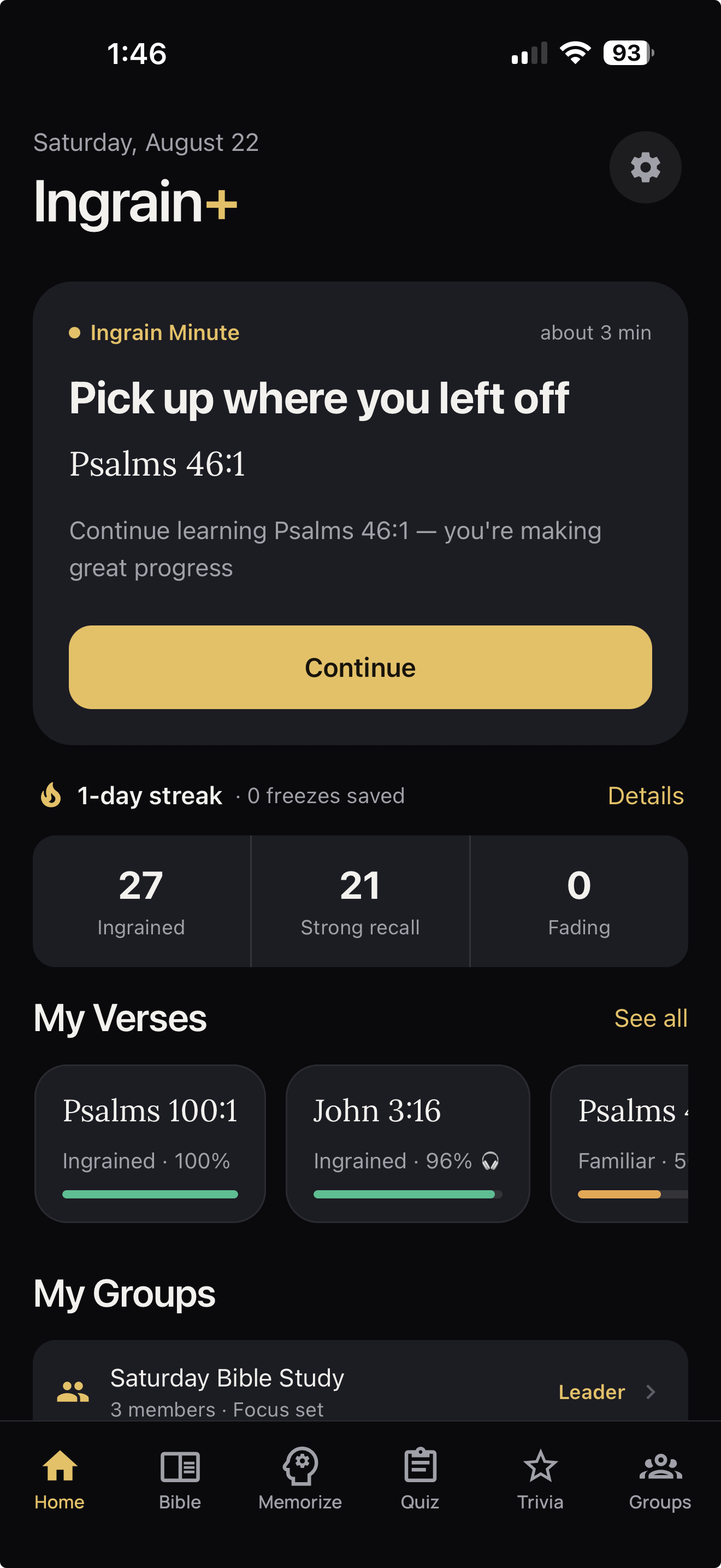 The Ingrain home screen showing today's Ingrain Minute