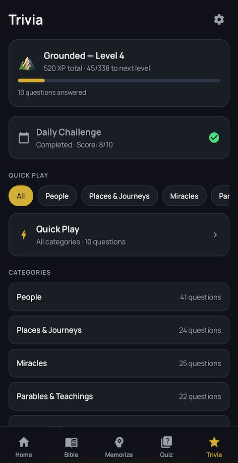 Ingrain's Trivia tab showing rank progress and categories
