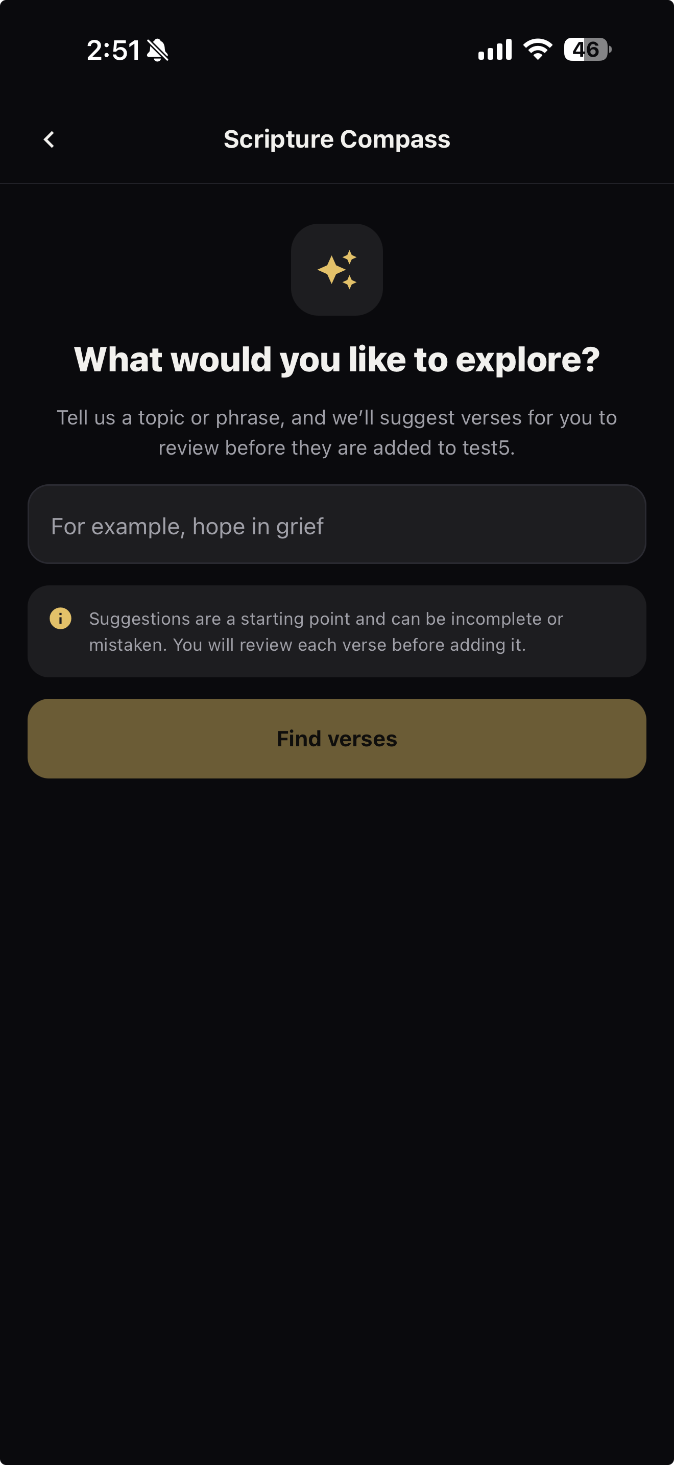 Scripture Compass suggesting Bible verses for a topic in Ingrain