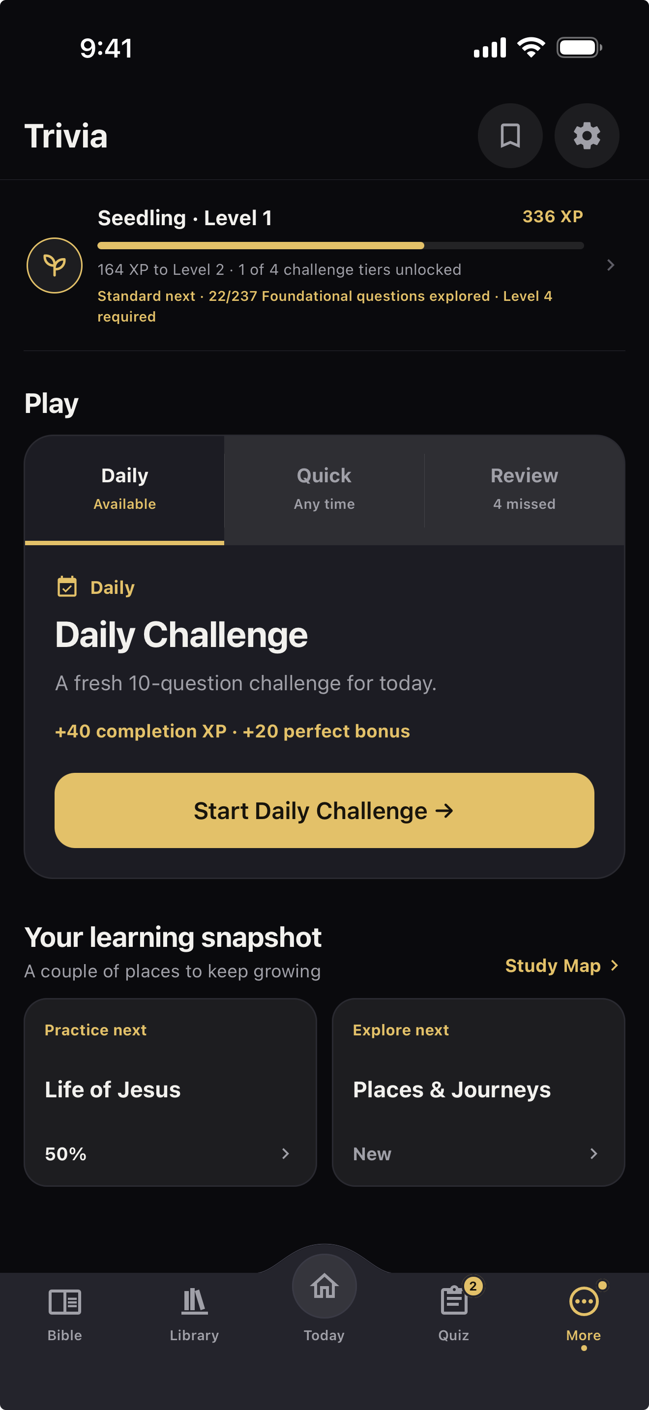 Bible trivia game in Ingrain showing XP level progress and categories